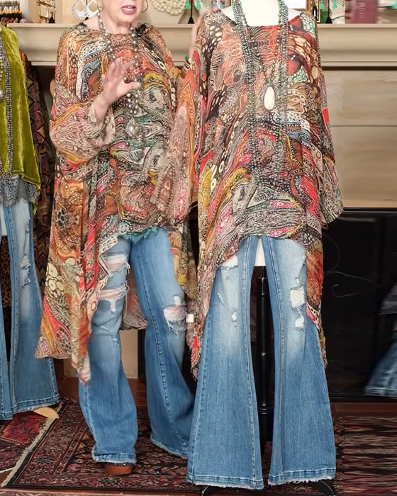 Bluse Løs Flagermuseærme Tryk