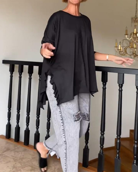 Ensfarvet plisseret bluse med rund hals