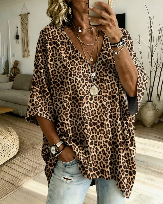 Bluse V-Hals Leopard Casual