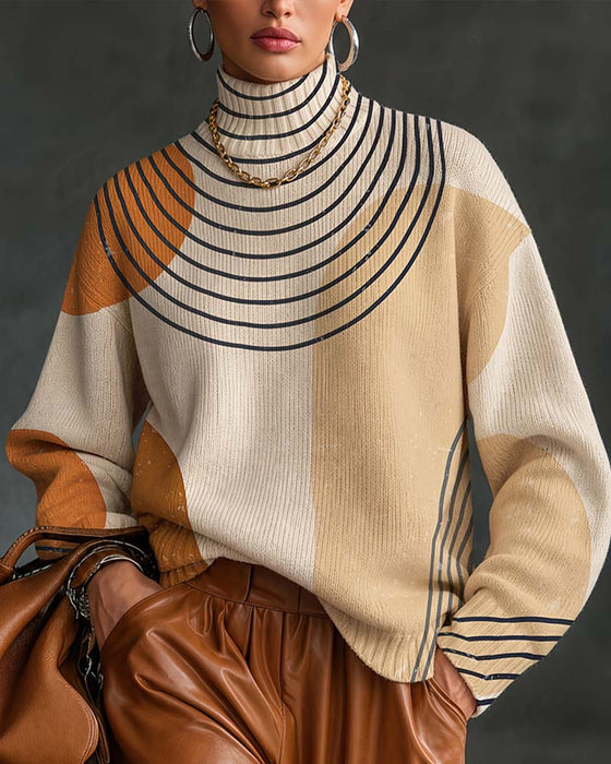 Pullover Geometrisk Linje Farveblok Høj Hals