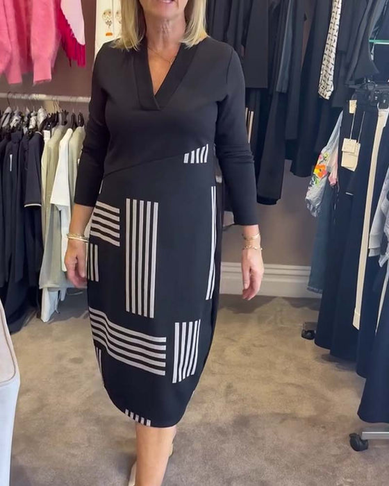 Kjole Geometrisk Stribe V-Hals Bodycon Midi