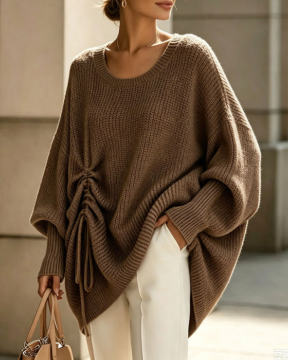 Pullover Rund Hals Snor Afslappet Solid Strikket