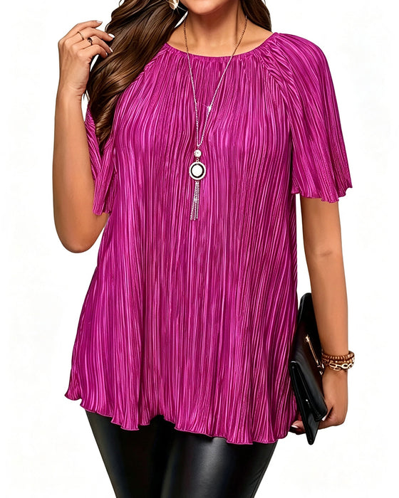 T-Shirt Plus Size Solid Plisseret Kort Ærme