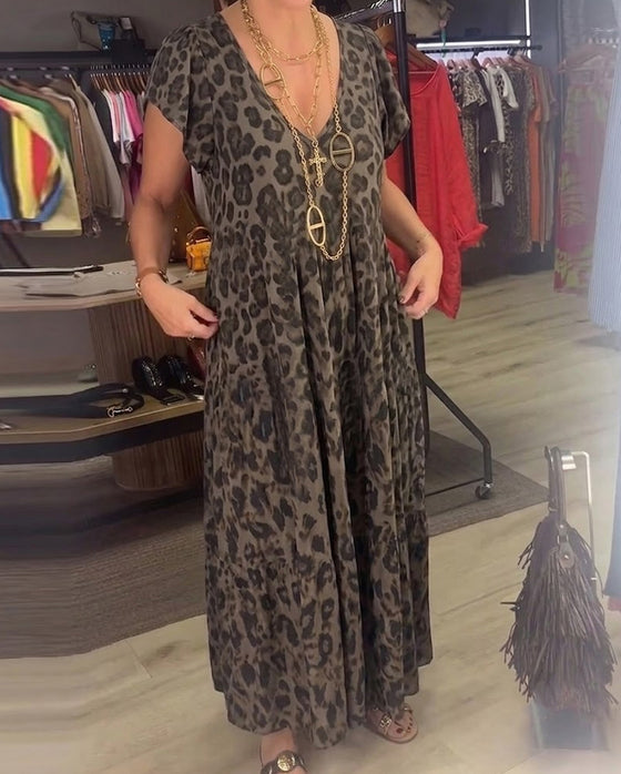 Kjole V-Hals Leopard Kort Ærme