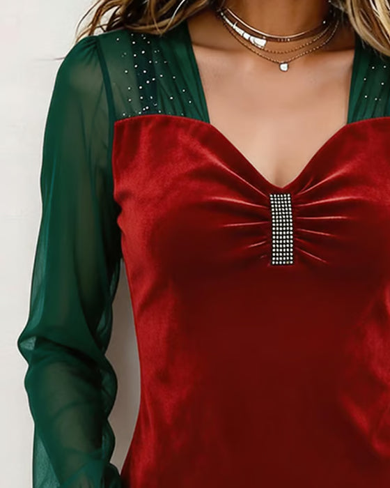 Bluse V-Hals Rynket Net Farveblok Slim Pasform