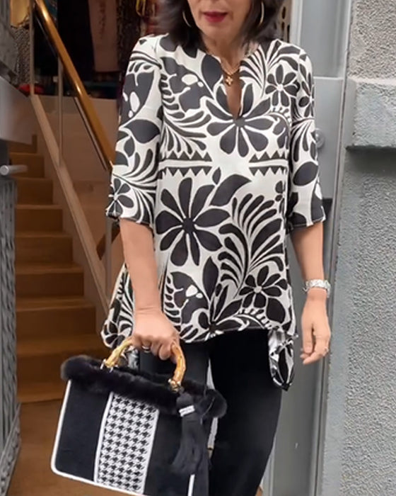 Bluse Vintage Halv Ærme Trykt