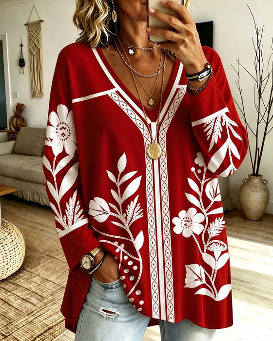 Top V-Hals Blomstret Tryk