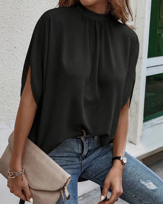 Bluse Mock Neck Plisseret Tre Kvart Ærme Ensfarvet