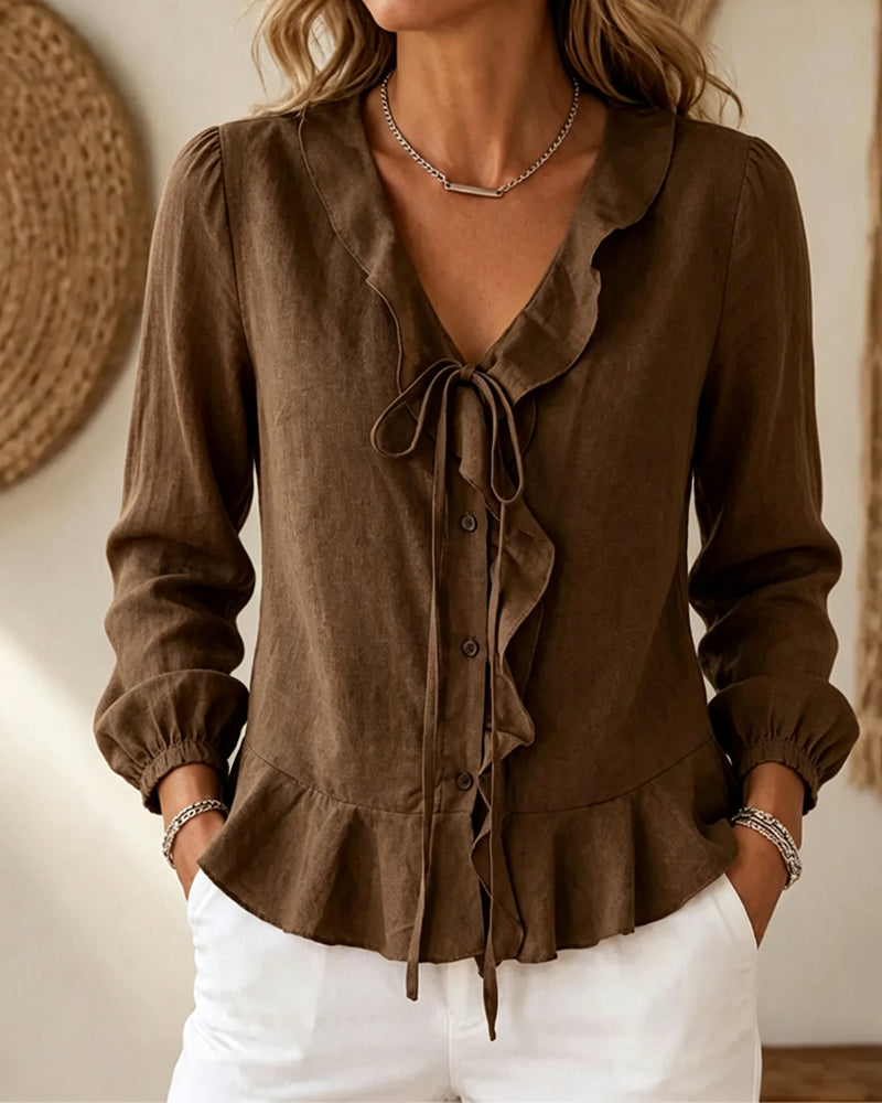 Bluse V-Hals Ruffle Slips Lang Ærme