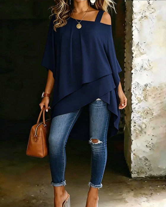 Bluse Asymmetrisk Cold Shoulder Ensfarvet Afslappet