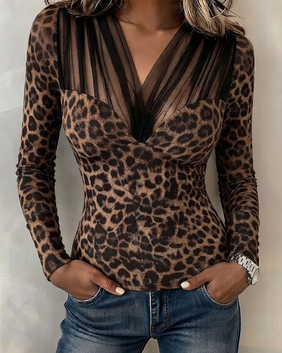 Top Sheer V-Hals Leopard
