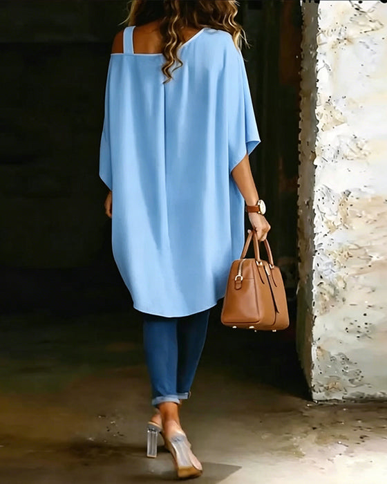 Bluse Asymmetrisk Cold Shoulder Ensfarvet Afslappet