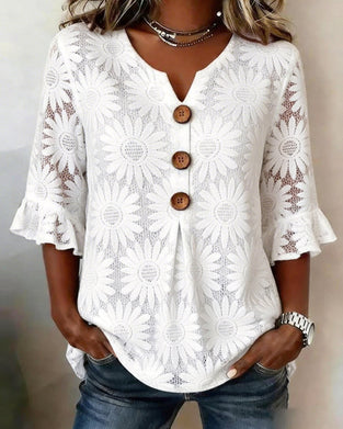 Bluse Med Rynket Tusindfrydmønster Og Rynkeærmer