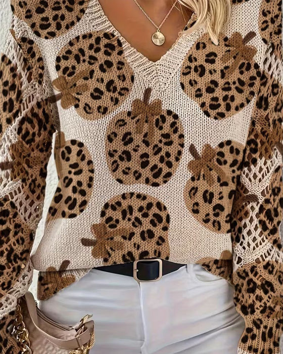 Pullover Leopard Græskar V-Hals Udskæring