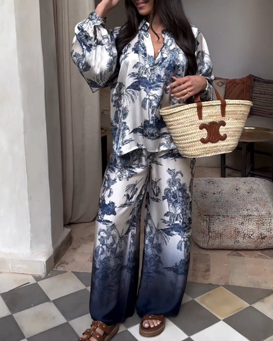 To-delt sæt | Gradientfarvede bukser og bluse med print