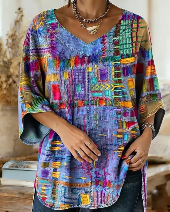 Bluse Med Farverigt Geometrisk Print Og Vide Ærmer