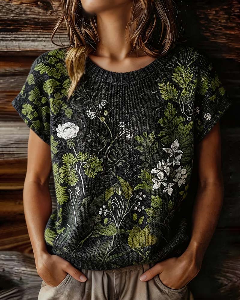 T-Shirt Rundhalset Strikket Tryk Kort