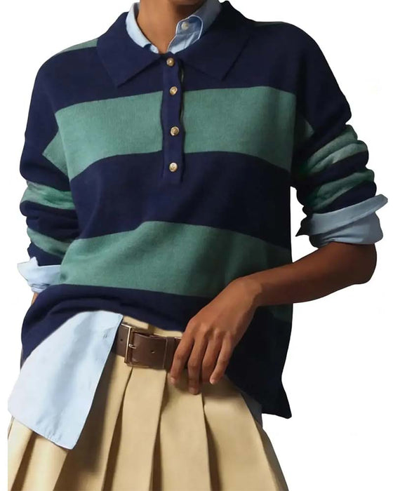 Pullover Med Bred Stribet Knappet Krave
