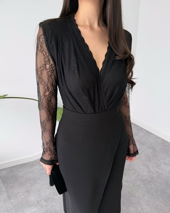 To-Delssæt Med V-Hals Spids Top, Asymmetrisk Midikjol Och Elegant Stil