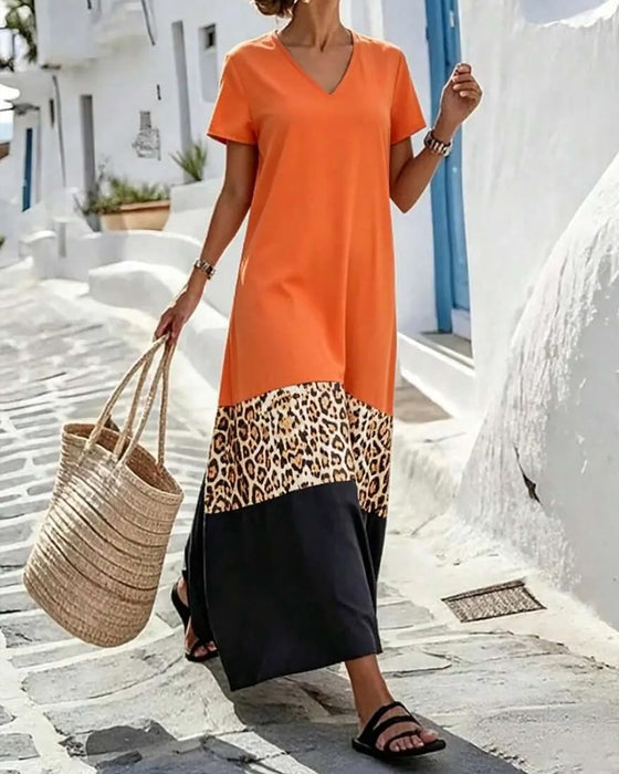 Maxi-Kjole V-Hals Farveblok Patchwork Leopard