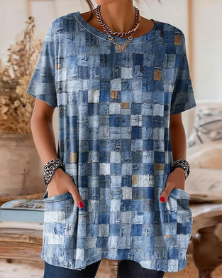 T-Shirt Farvet Tjek Tryk Kort Ærme