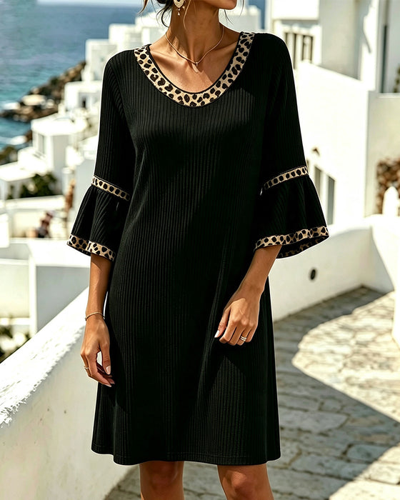 Kjole Flare Ærme Ribbet Leopard