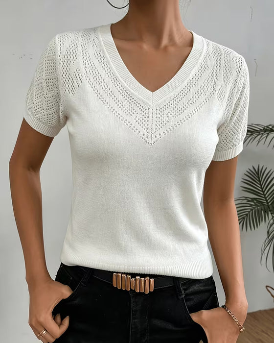 Pullovers Med V-Hals, Hulmønster, Ensfarvede, Figurtilpassede