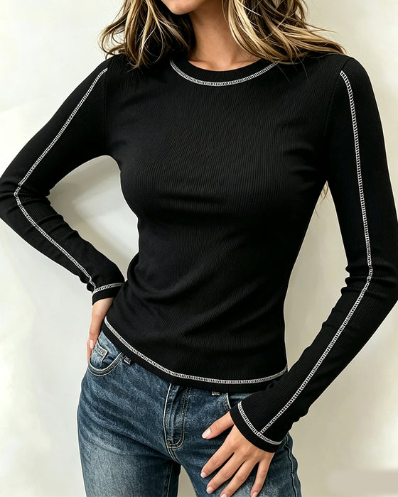 Top Stilfuld Rund Hals Slim Fit Lang Ærme