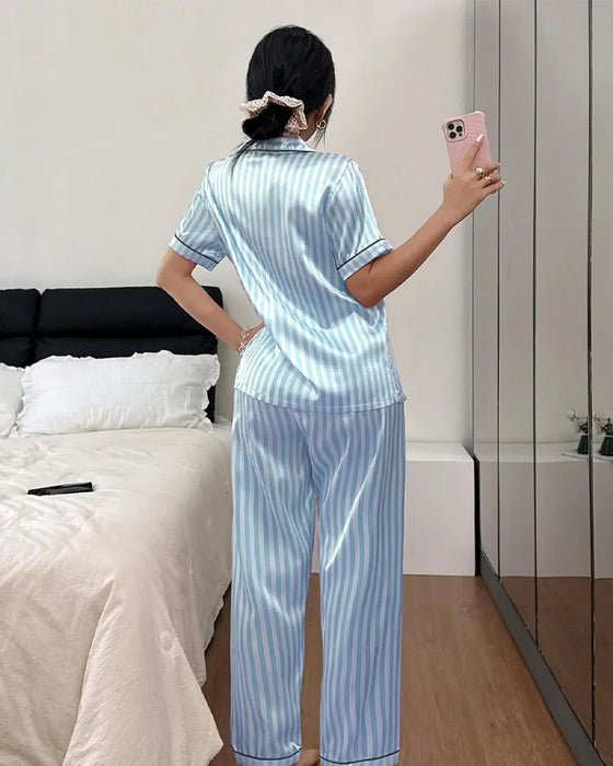 Pyjamasset Stribet Skjortekrave Sløjfe