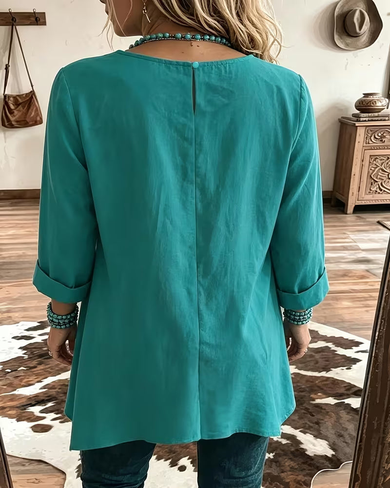 T-Shirt Rund Hals Rynket Løs Solid