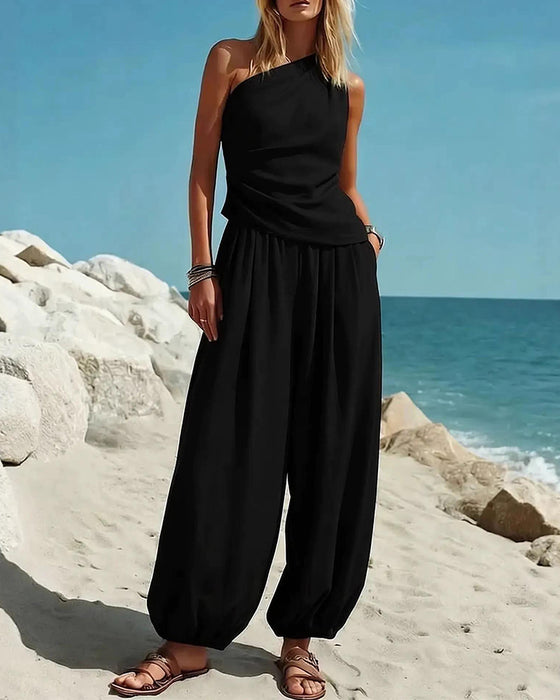 Set Enskulder Tank Top Høj Talje Bukser