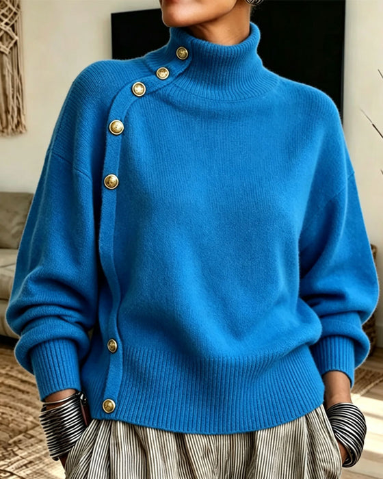 Pullover Diagonal Metal Knap Turtleneck