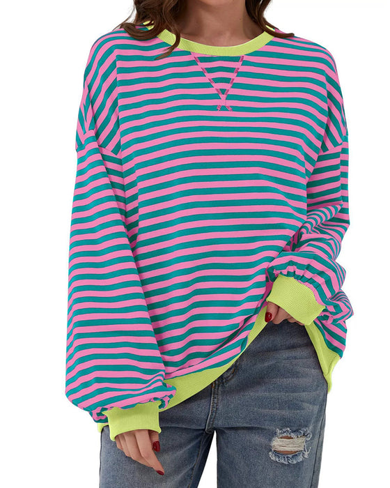 T-Shirt Stribet Rund Hals Farveblok