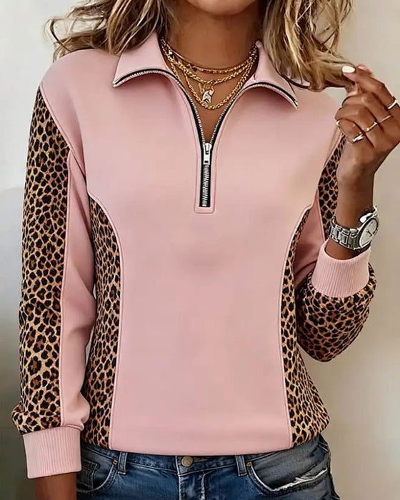 Sweatshirt Leopardprint Halv-Zip Revers