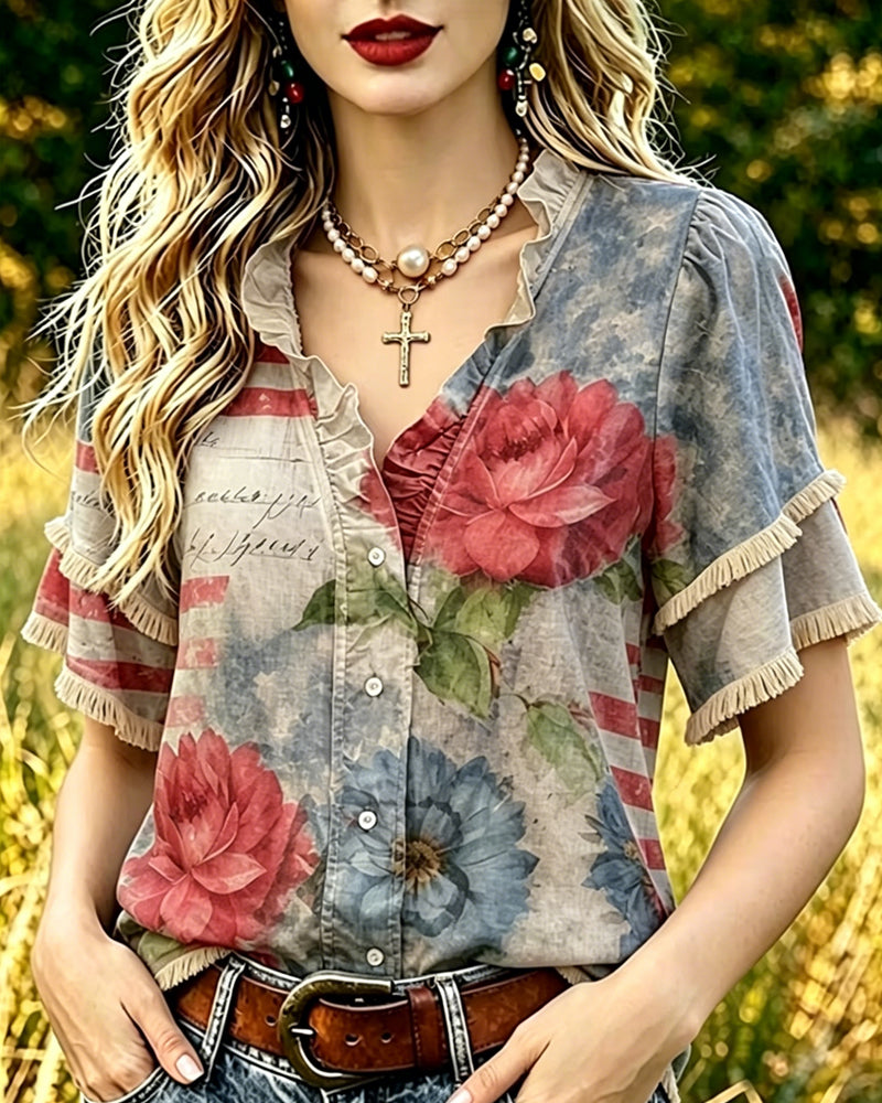 Blomstret Bluse Med Rufflekant