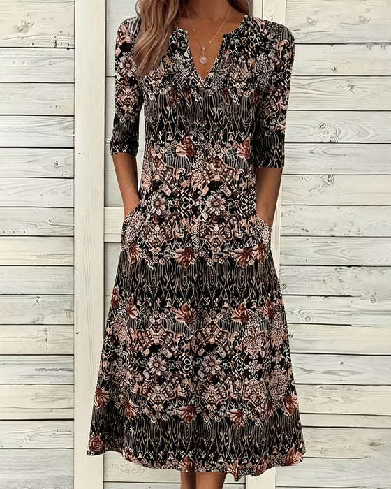 Kjole V‑hals Tryk Patchwork Halvlangærme