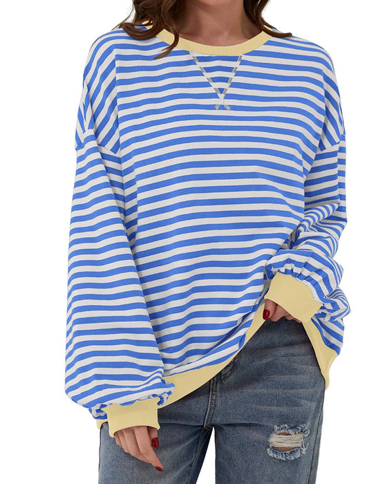 T-Shirt Stribet Rund Hals Farveblok