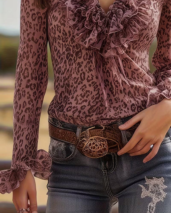 Bluse Rynket V-Hals Leopardtryk