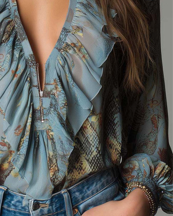 Bluse Dyb V Rynke Tryk Elegant