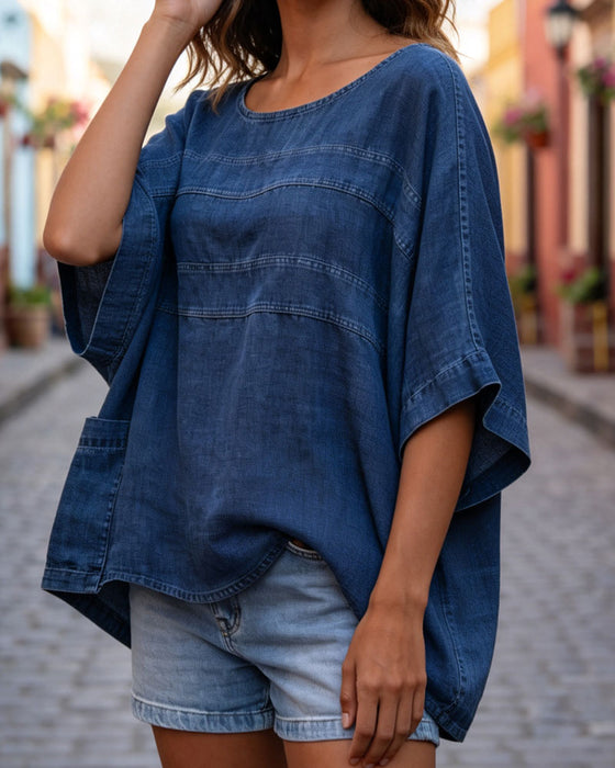 Top Løs Flagermusærme Denim