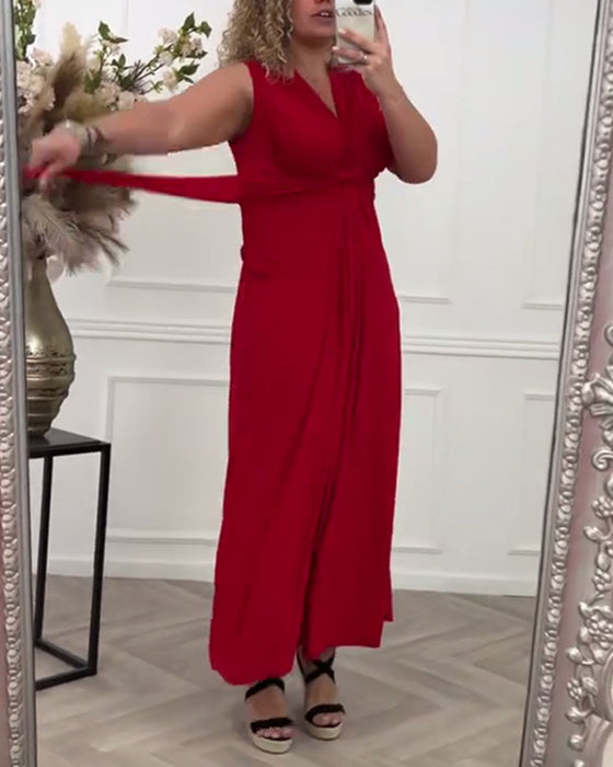 Rød elegant kjole uden ærmer i twist-design