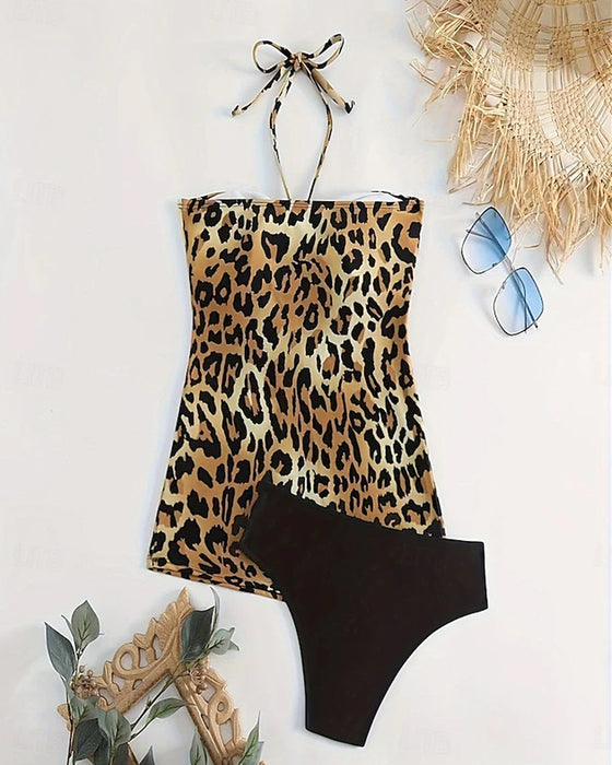 Tankini Halterneck A-Linje Leopardprint Trekant