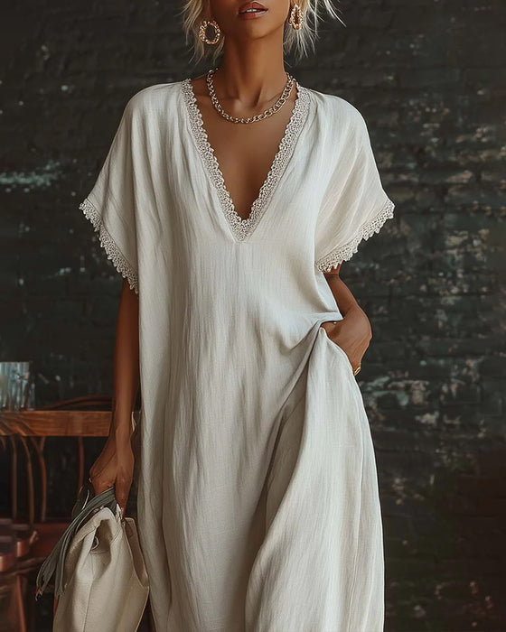 Kjole Ensfarvet V-Udskæring Mode Lang