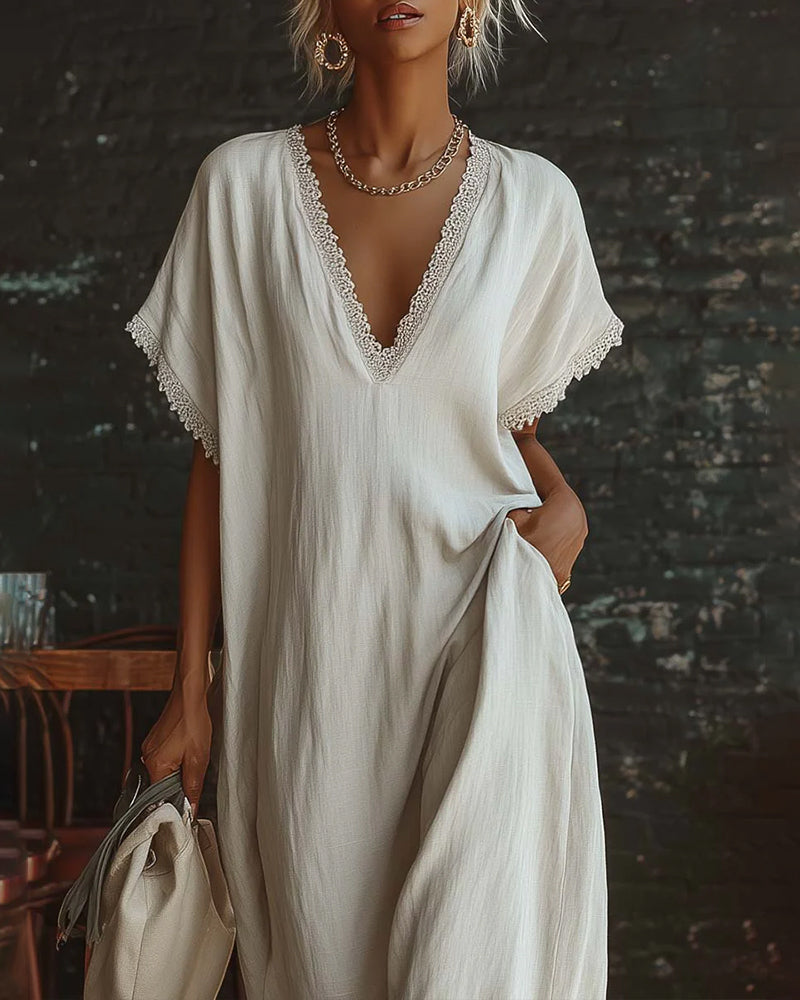 Kjole Ensfarvet V-Udskæring Mode Lang