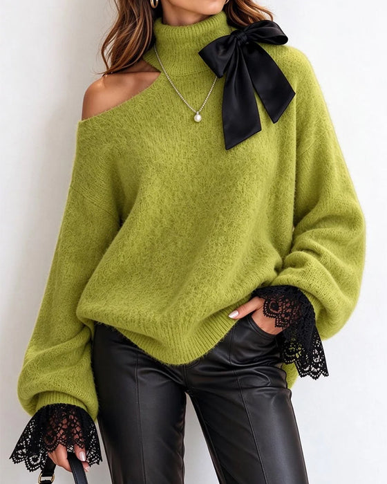 Pullover Turtleneck Sløjfe Off-Shoulder Blonde Patchwork