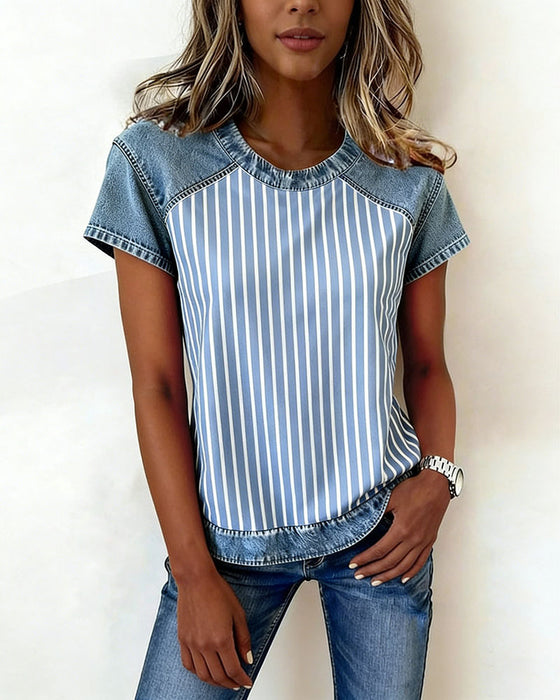 T-Shirt Denim Patchwork Stribet Kort Ærme
