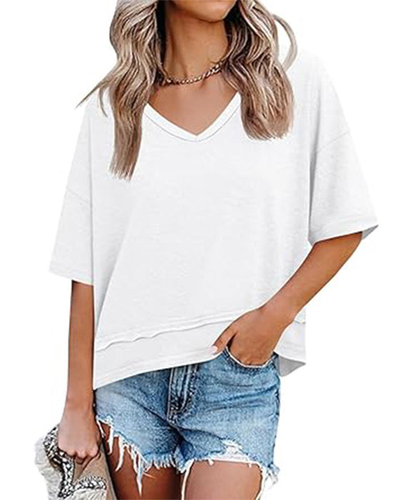 Bluse Ensfarvet V-Udskæring Patchwork Kant