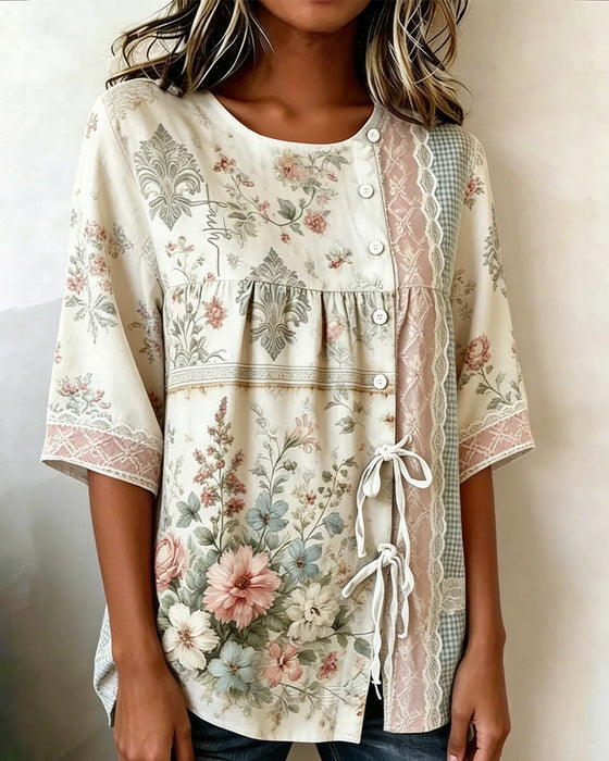 Bluse Retro Blomstermønster Afslappet