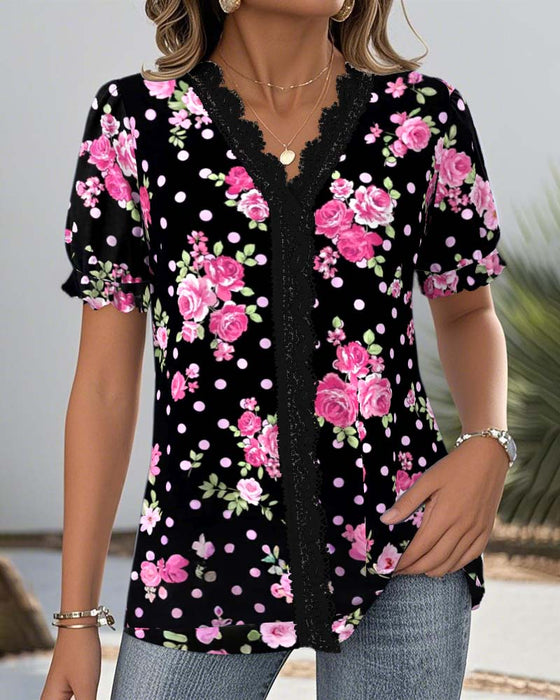 Bluse V-Hals Blonder Lanterneærmer Trykt