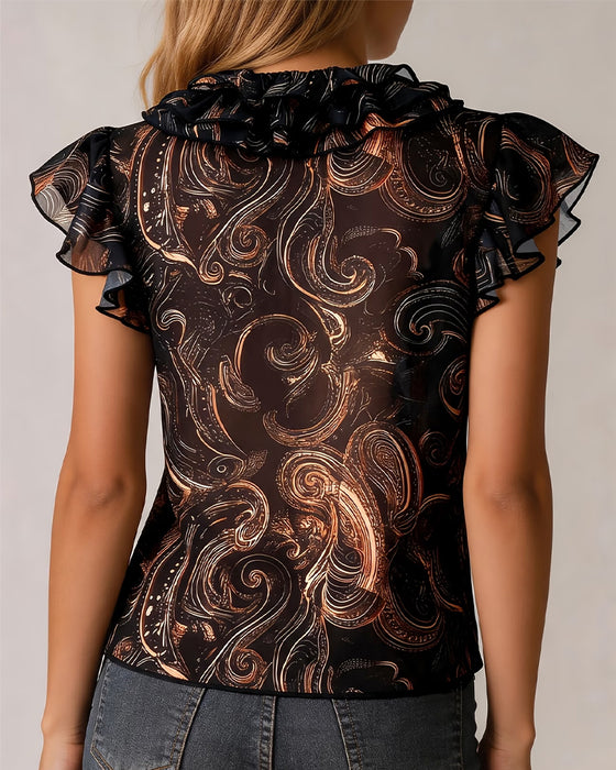 Bluse V-Hals Ruffle Flutter Ærme Tryk